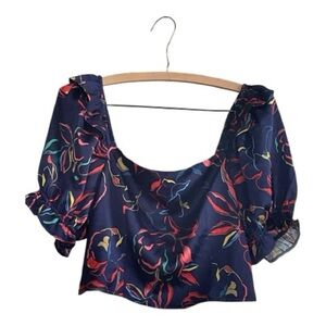 Sugarlips Navy Electric Ways Lainey Puff Sleeve Cropped Top